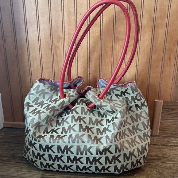 Michael Kors signature jacquard Medium East West Ring Tote BG / EB / Red - Picture 4 of 14